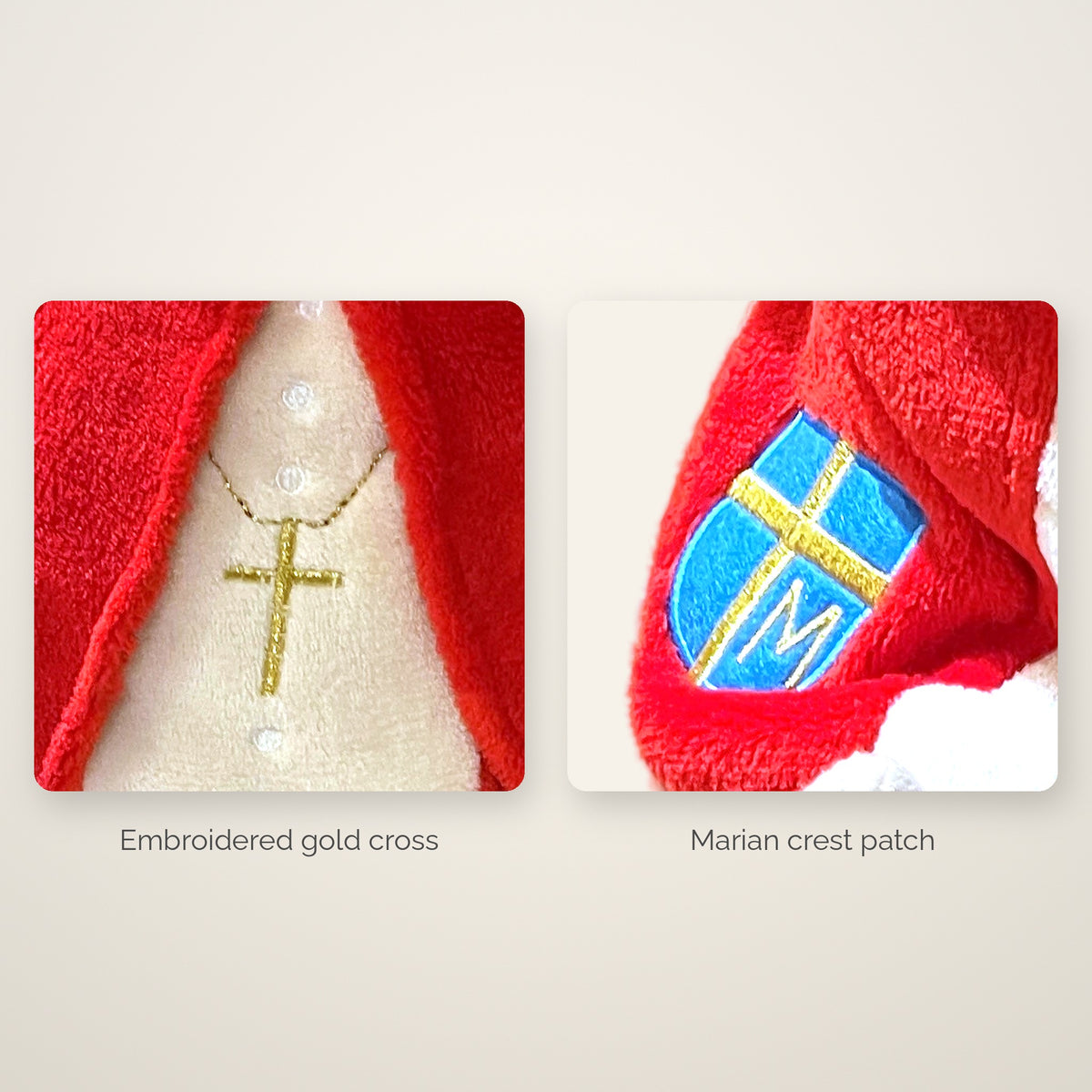 Close-up of the papal crest and embroidered heart on the John Paul II prayer pillow